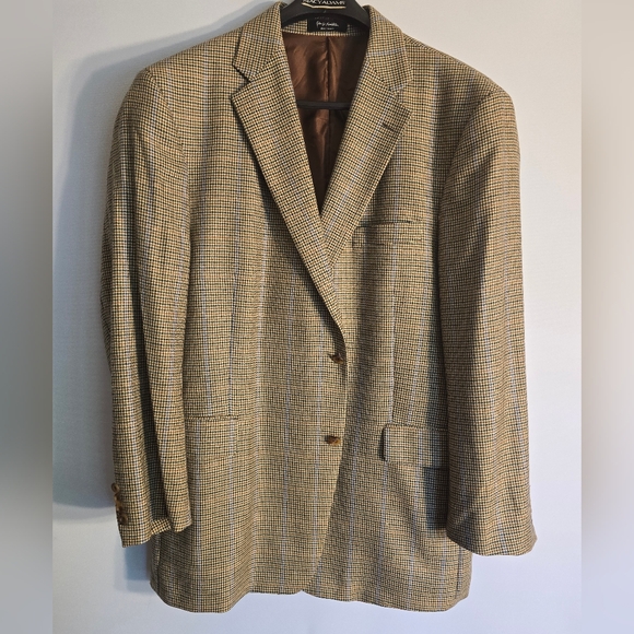 JOHN W.NORDSTROM BLAZER MENS HOUNDSTOOTH TAN/BROWN BLUE 100% CASHMERE SIZE 48L-T